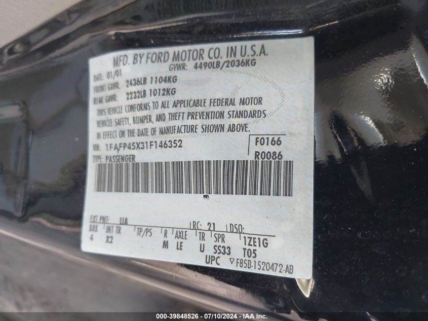 2001 Ford Mustang Gt VIN: 1FAFP45X31F146352 Lot: 39848526