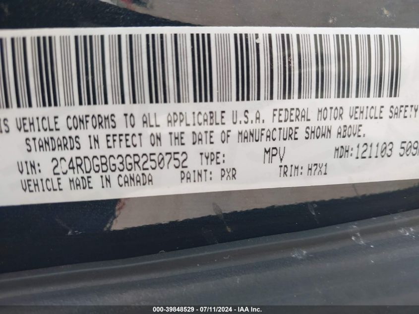 2016 Dodge Grand Caravan American Value Pkg VIN: 2C4RDGBG3GR250752 Lot: 39848529