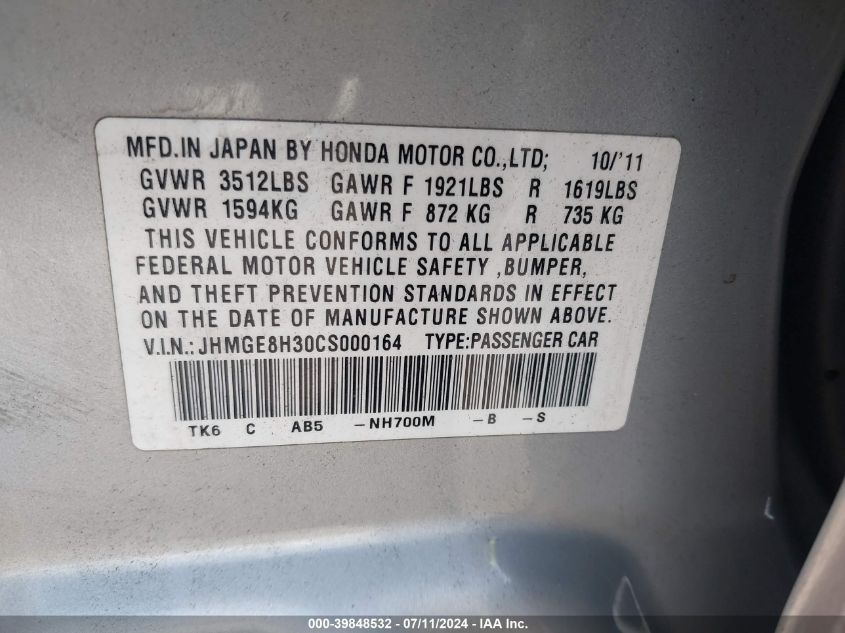 2012 Honda Fit VIN: JHMGE8H30CS000164 Lot: 39848532