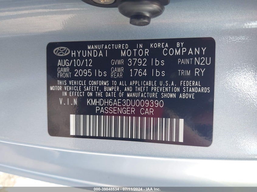 2013 Hyundai Elantra Gs VIN: KMHDH6AE3DU009390 Lot: 39848534