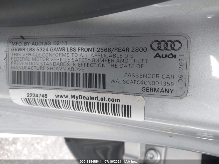 2012 Audi A7 Premium VIN: WAUSGAFC4CN001359 Lot: 39848544