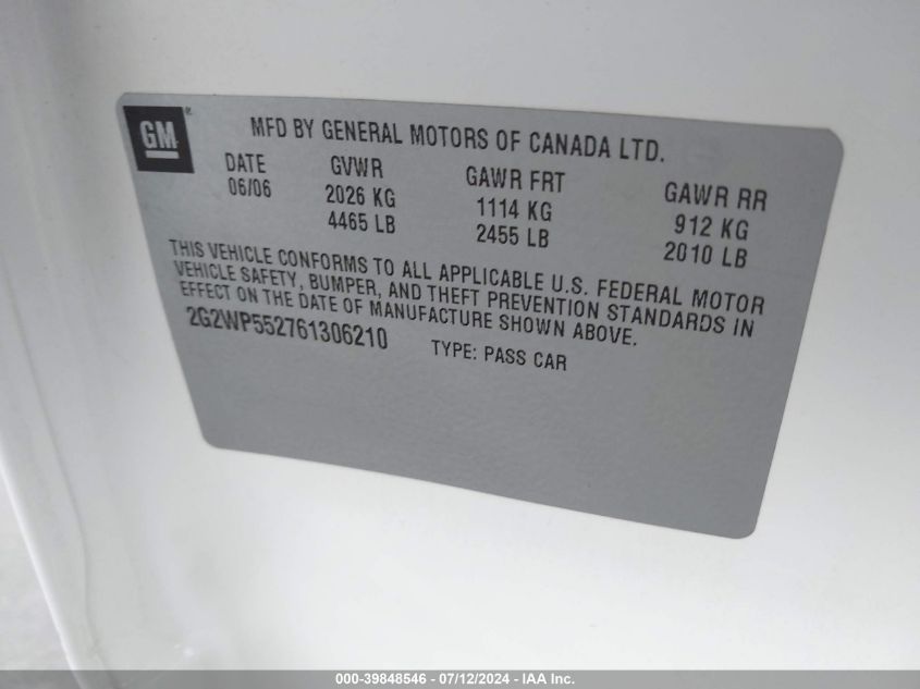 2006 Pontiac Grand Prix VIN: 2G2WP552761306210 Lot: 39848546