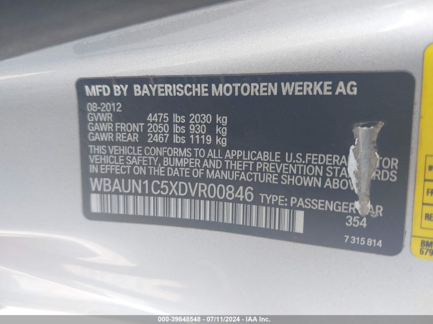 2013 BMW 128I VIN: WBAUN1C5XDVR00846 Lot: 39848548