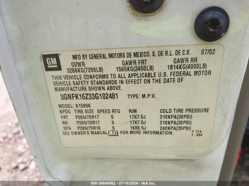 2003 Chevrolet Suburban 1500 Z71 VIN: 3GNFK16Z33G102481 Lot: 39848562