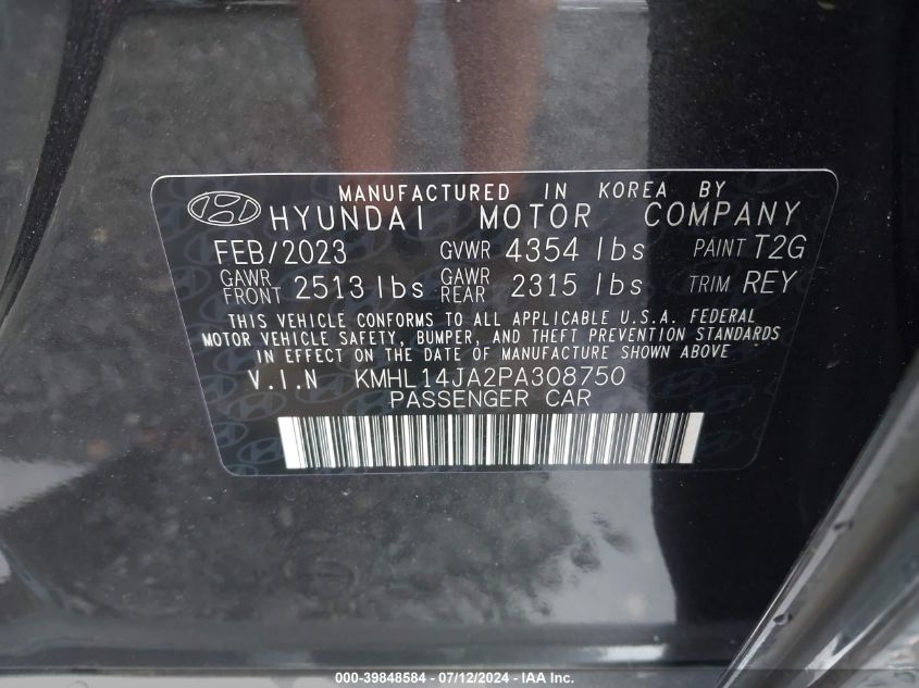 2023 Hyundai Sonata Sel VIN: KMHL14JA2PA308750 Lot: 39848584