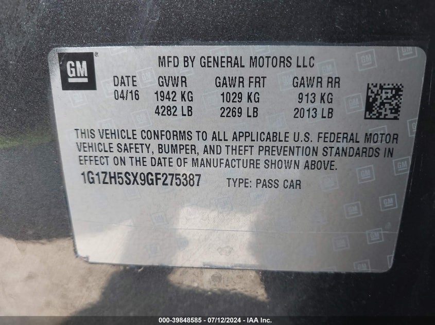 2016 Chevrolet Malibu Premier VIN: 1G1ZH5SX9GF275387 Lot: 39848585