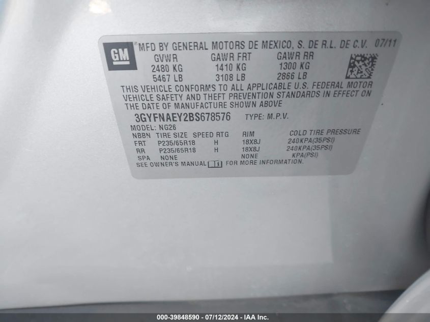 2011 Cadillac Srx Luxury Collection VIN: 3GYFNAEY2BS678576 Lot: 39848590