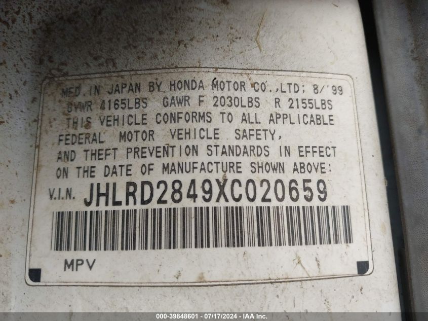 1999 Honda Cr-V Lx VIN: JHLRD2849XC020659 Lot: 39848601