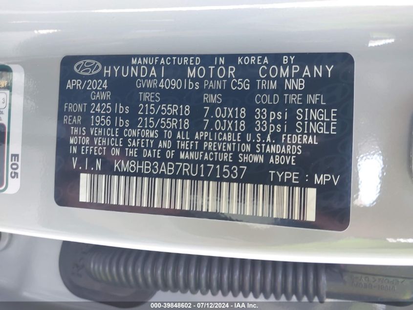 2024 Hyundai Kona Sel VIN: KM8HB3AB7RU171537 Lot: 39848602