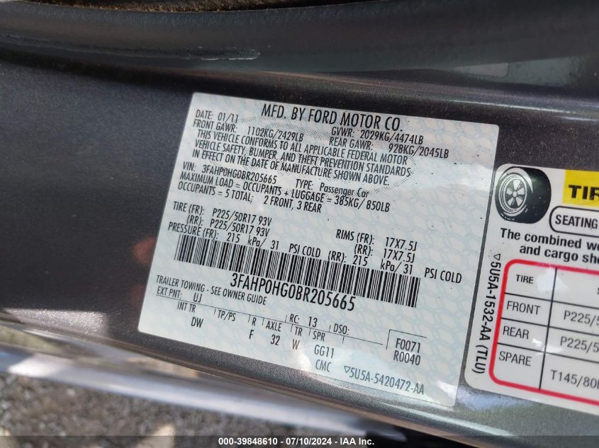 2011 Ford Fusion Se VIN: 3FAHP0HG0BR205665 Lot: 39848610