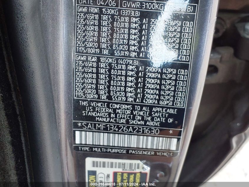 2006 Land Rover Range Rover Supercharged VIN: SALMF13426A231630 Lot: 39848618