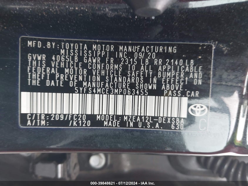 2021 TOYOTA COROLLA SE - 5YFS4MCE3MP063455