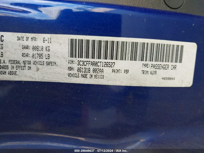 2012 Fiat 500 Pop VIN: 3C3CFFAR0CT126527 Lot: 39848637