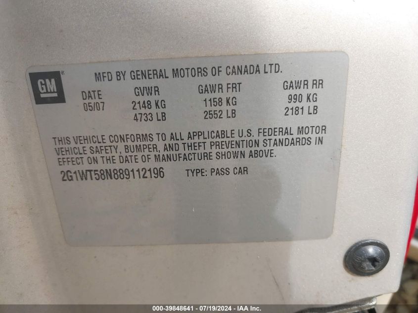 2008 Chevrolet Impala Lt VIN: 2G1WT58N889112196 Lot: 39848641
