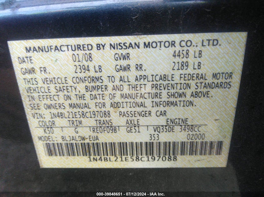 2008 Nissan Altima 3.5 Se VIN: 1N4BL21E58C197088 Lot: 39848651