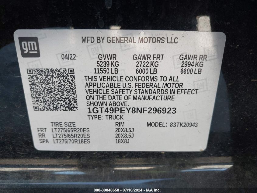 2022 GMC Sierra 2500Hd 4Wd Long Bed At4 VIN: 1GT49PEY8NF296923 Lot: 39848658