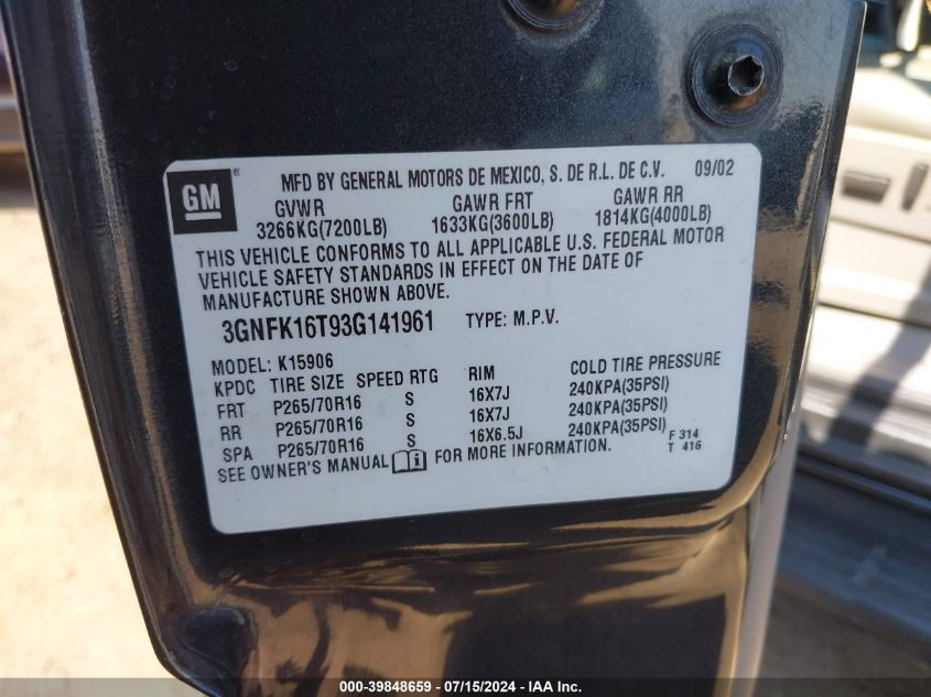 2003 Chevrolet Suburban 1500 Lt VIN: 3GNFK16T93G141961 Lot: 39848659