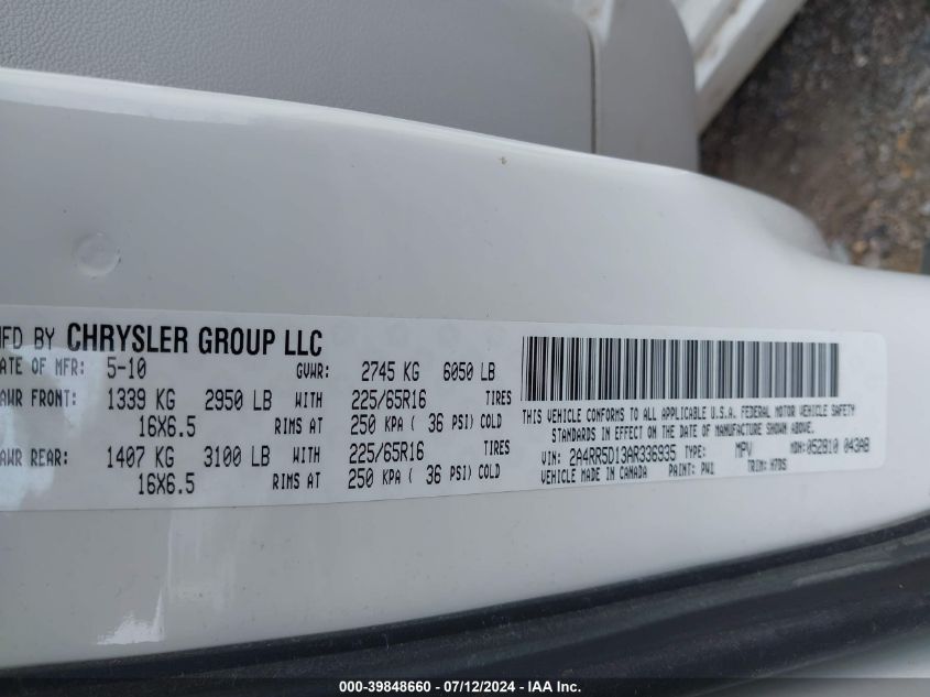 2010 Chrysler Town & Country Touring VIN: 2A4RR5D13AR336935 Lot: 39848660