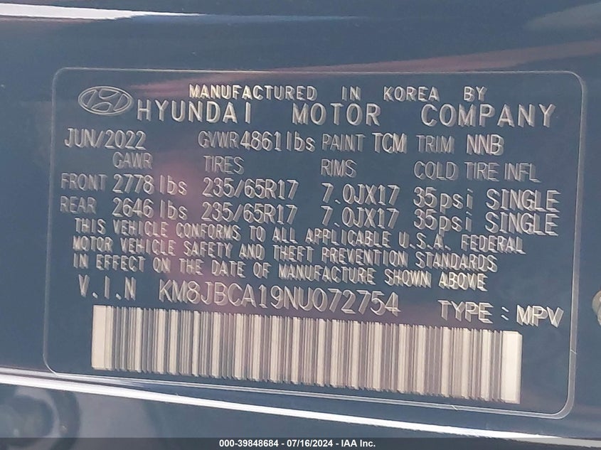 VIN KM8JBCA19NU072754 2022 HYUNDAI TUCSON HYBRID BLUE