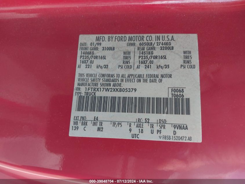 1999 Ford F-150 Lariat/Work Series/Xl/Xlt VIN: 1FTRX17W2XKB05379 Lot: 39848704