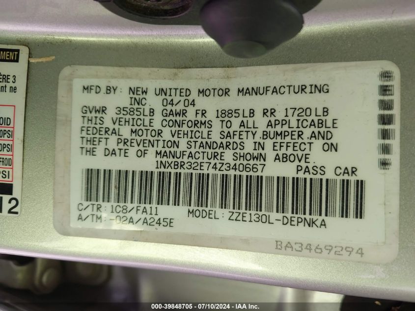 2004 Toyota Corolla Le VIN: 1NXBR32E74Z340667 Lot: 39848705