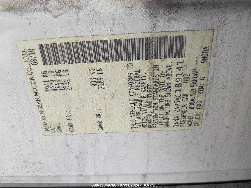 2010 Nissan Altima 2.5 S VIN: 1N4AL2AP5AC189141 Lot: 39848708