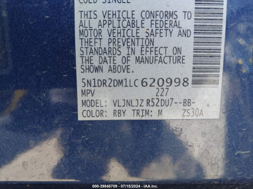 2020 Nissan Pathfinder Platinum 4Wd VIN: 5N1DR2DM1LC620998 Lot: 39848709