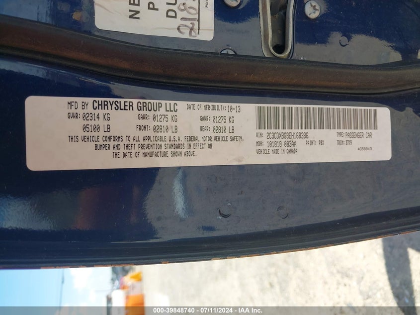 2014 Dodge Charger Se VIN: 2C3CDXBG3EH168386 Lot: 39848740