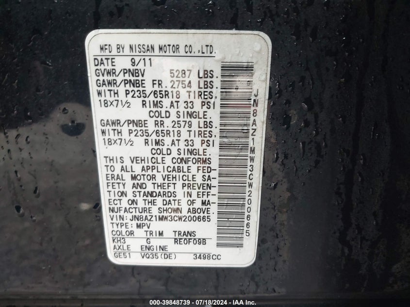 2012 Nissan Murano Sv VIN: JN8AZ1MW3CW200665 Lot: 39848739