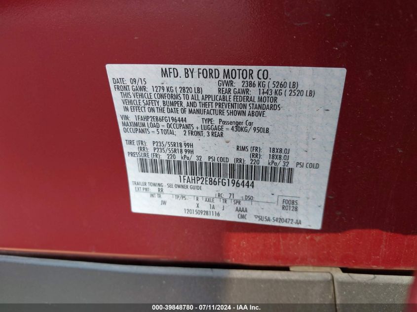 2015 Ford Taurus Sel VIN: 1FAHP2E86FG196444 Lot: 39848780