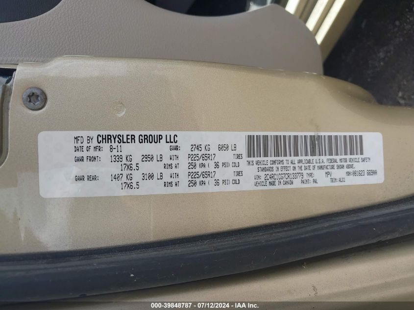 2012 Chrysler Town & Country Touring-L VIN: 2C4RC1CG7CR133779 Lot: 39848787