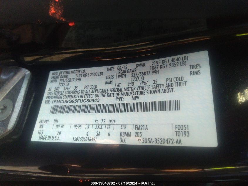 2015 Ford Escape Se VIN: 1FMCU9G95FUC80943 Lot: 39848792