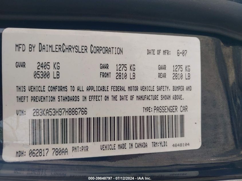2007 Dodge Charger R/T VIN: 2B3KA53H97H886766 Lot: 39848797