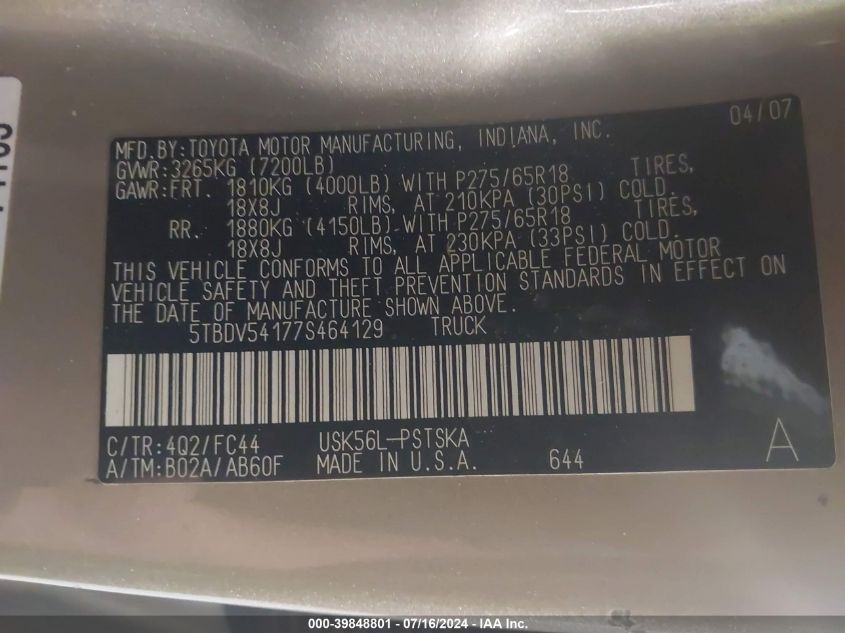 2007 Toyota Tundra Crewmax Sr5 VIN: 5TBDV54177S464129 Lot: 39848801