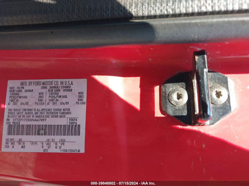 1999 Ford F-150 Work Series/Xl/Xlt VIN: 1FTZF172XXNA67897 Lot: 39848802