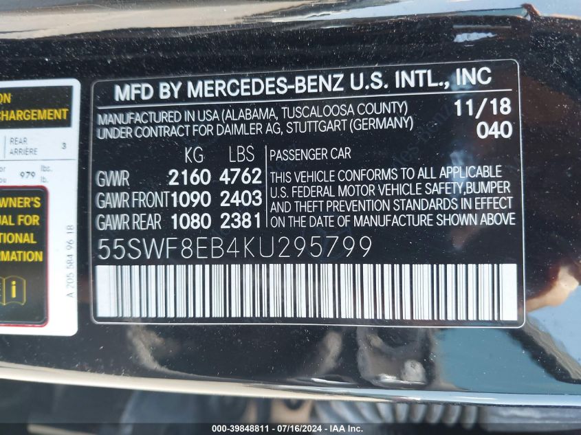 2019 Mercedes-Benz C 300 4Matic VIN: 55SWF8EB4KU295799 Lot: 39848811