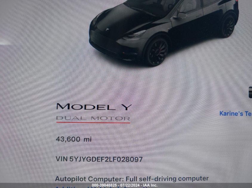 2020 Tesla Model Y VIN: 5YJYGDEF2LF028097 Lot: 39848825