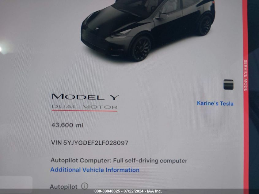 2020 Tesla Model Y VIN: 5YJYGDEF2LF028097 Lot: 39848825