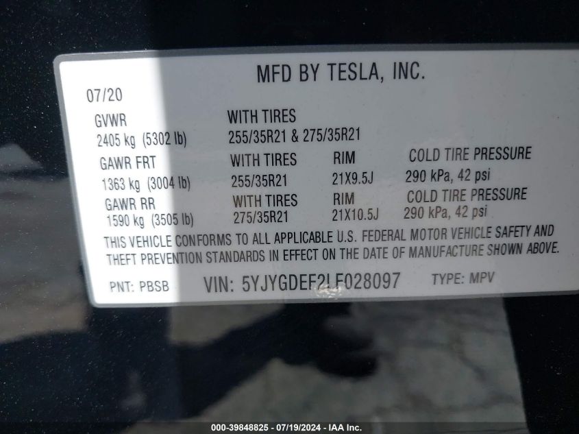 2020 Tesla Model Y VIN: 5YJYGDEF2LF028097 Lot: 39848825