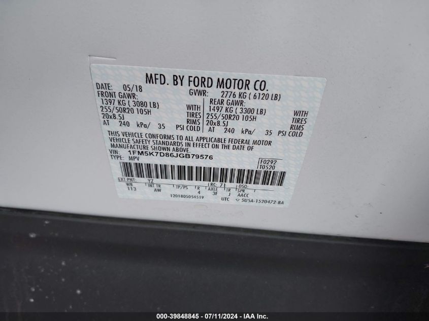 2018 Ford Explorer Xlt VIN: 1FM5K7D86JGB79576 Lot: 39848845