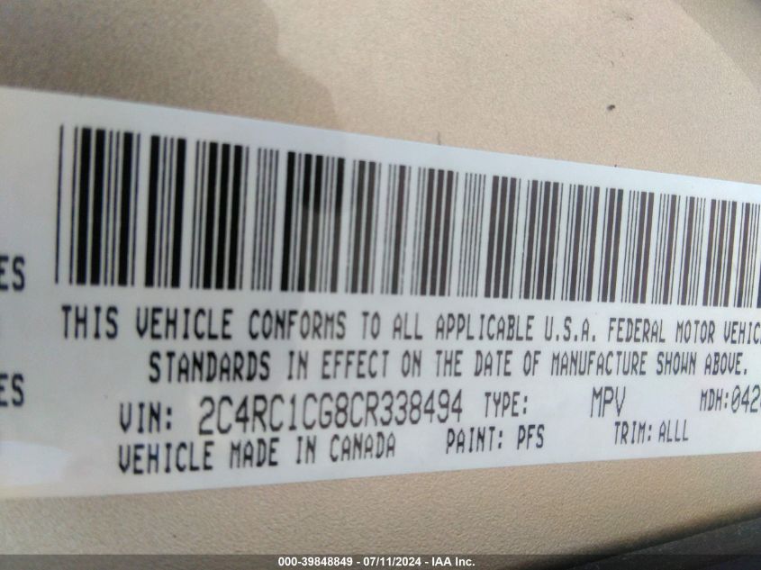 2012 Chrysler Town & Country Touring-L VIN: 2C4RC1CG8CR338494 Lot: 39848849