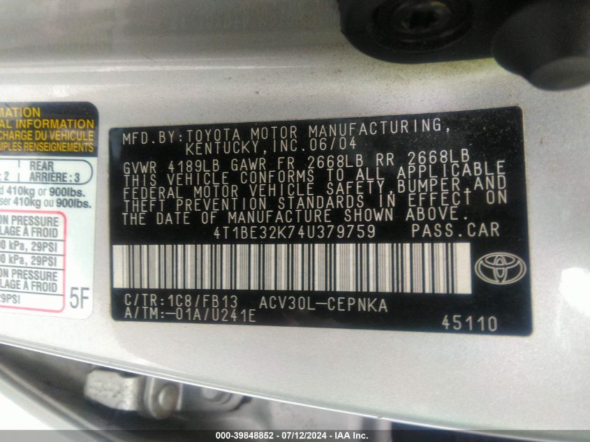 2004 Toyota Camry Le VIN: 4T1BE32K74U379759 Lot: 39848852