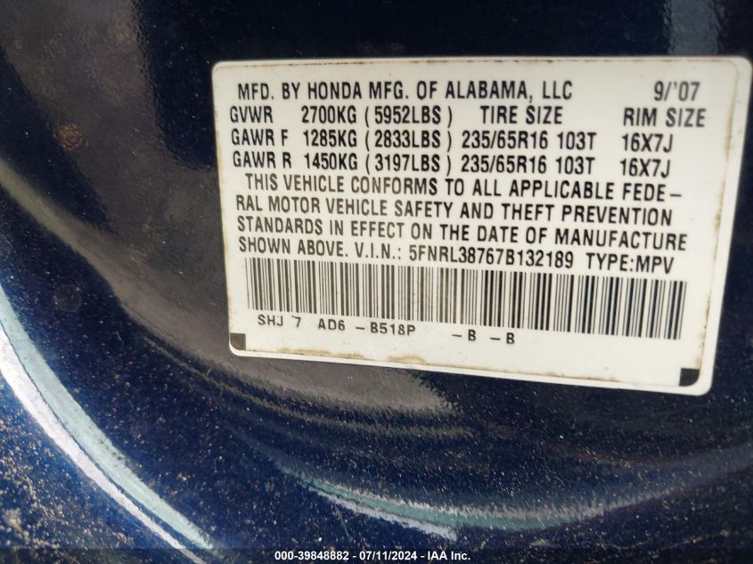 2007 Honda Odyssey Ex-L VIN: 5FNRL38767B132189 Lot: 39848882