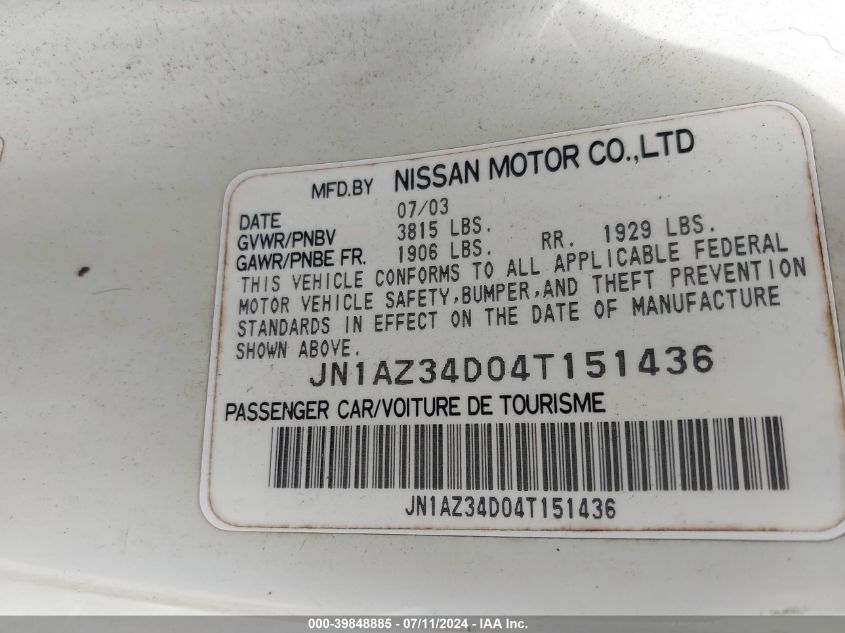 2004 Nissan 350Z Enthusiast VIN: JN1AZ34D04T151436 Lot: 39848885