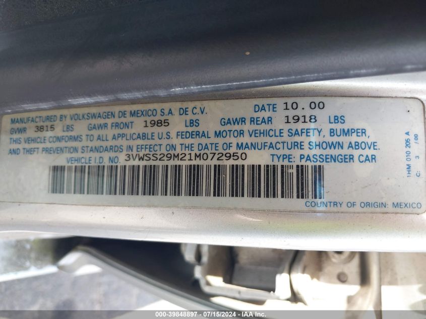 2001 Volkswagen Jetta Gls VIN: 3VWSS29M21M072950 Lot: 39848897