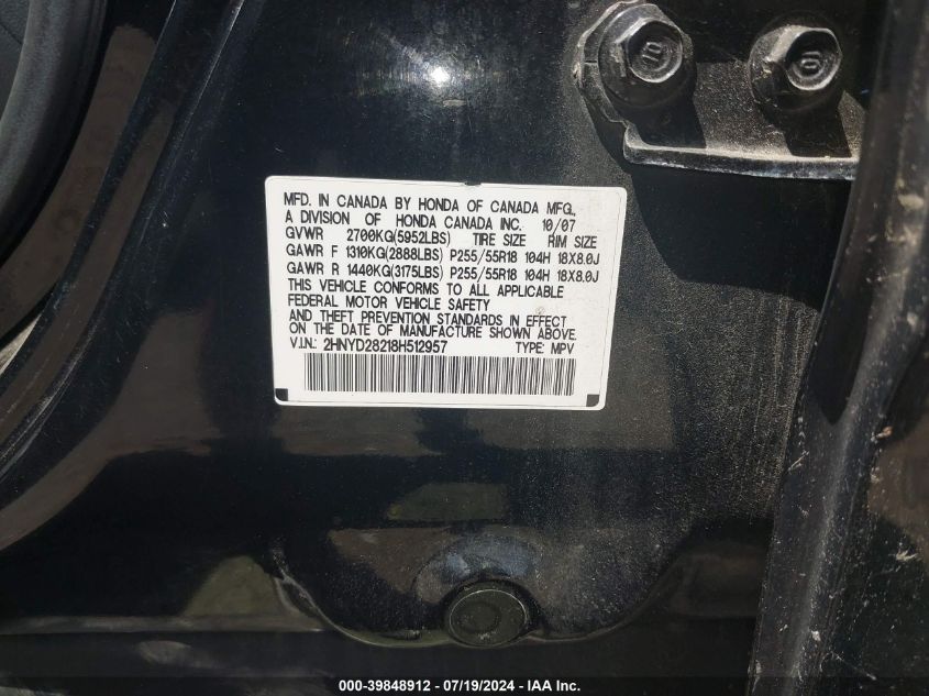 2008 Acura Mdx VIN: 2HNYD28218H512957 Lot: 39848912