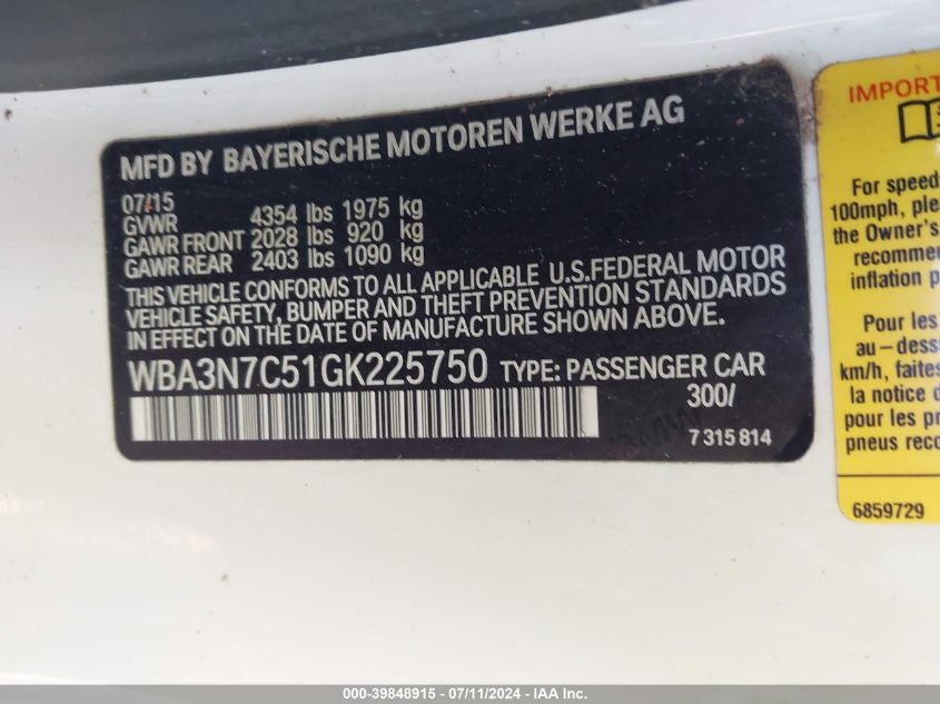 2016 BMW 428I VIN: WBA3N7C51GK225750 Lot: 39848915