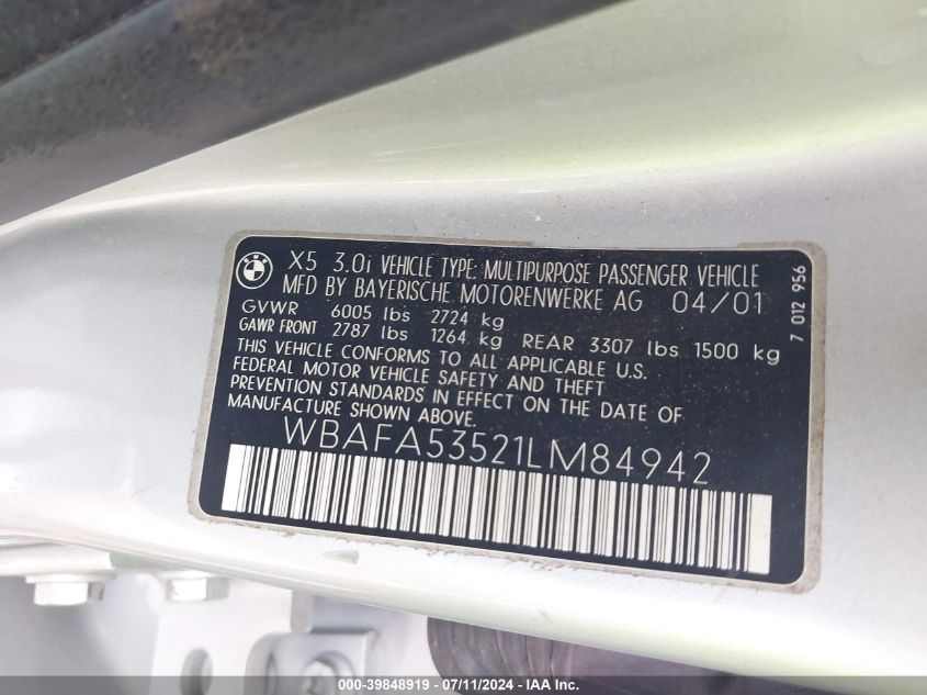 2001 BMW X5 3.0 VIN: WBAFA53521LM84942 Lot: 39848919