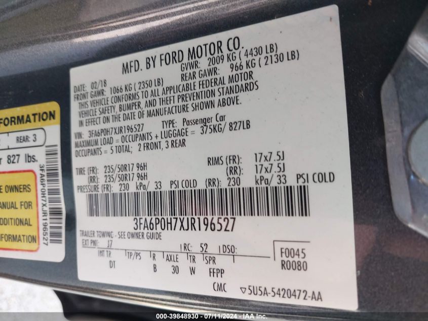 2018 Ford Fusion Se VIN: 3FA6P0H7XJR196527 Lot: 39848930