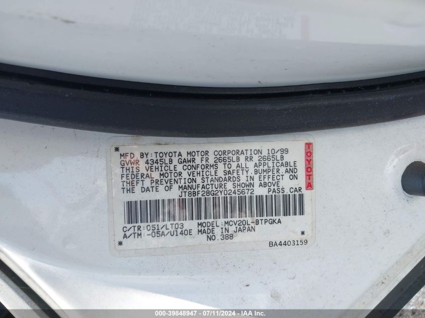 2000 Lexus Es 300 VIN: JT8BF28G2Y0245672 Lot: 39848947